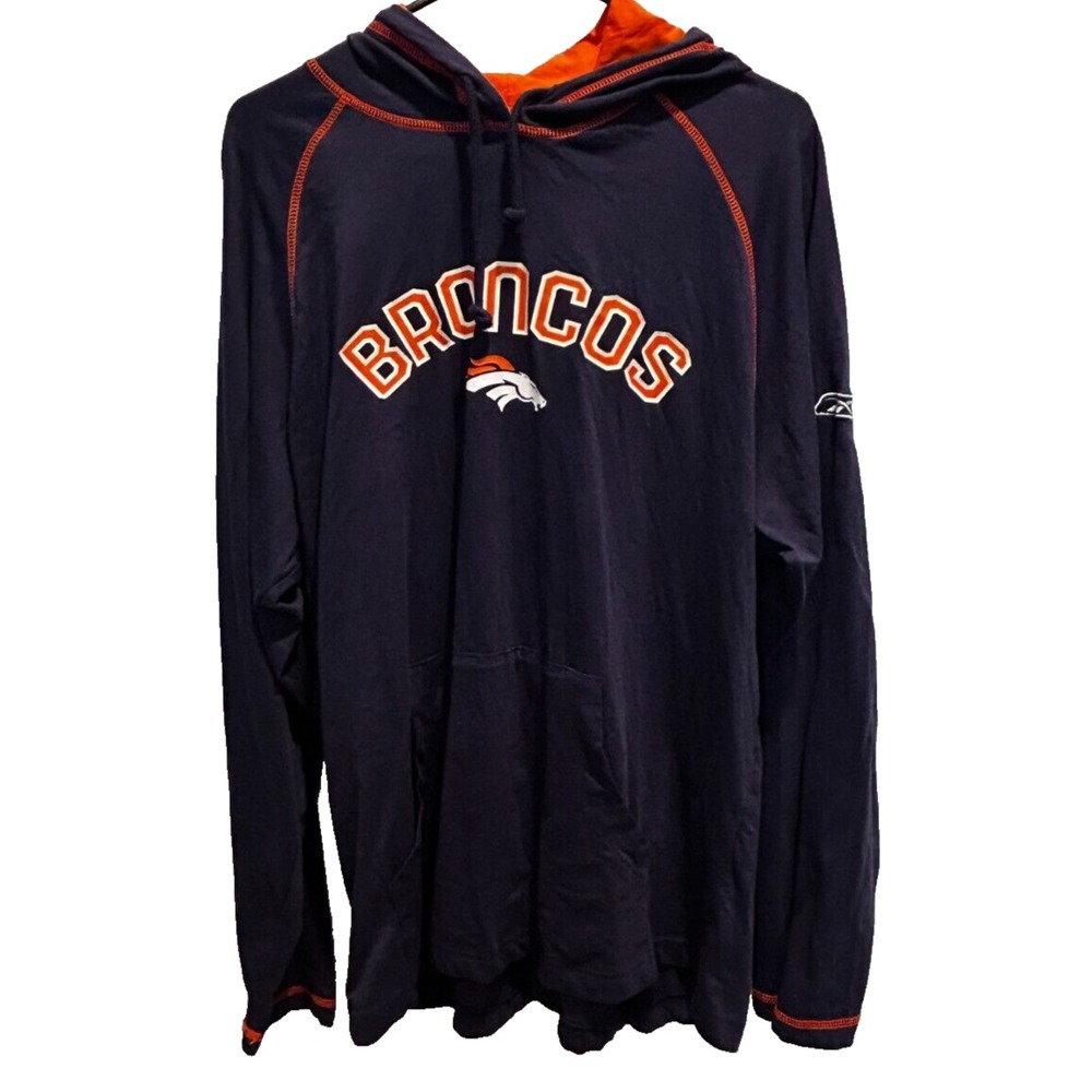 Reebok Denver Broncos Hoodie Large Men's Navy‎ Blue Orange Long Sleeve NFL Shirt